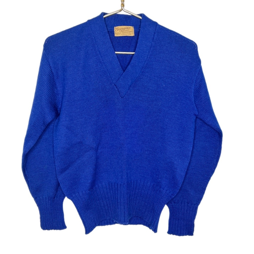 Vintage Blue Virgin Wool V Neck Sweater Georgian Sportswear